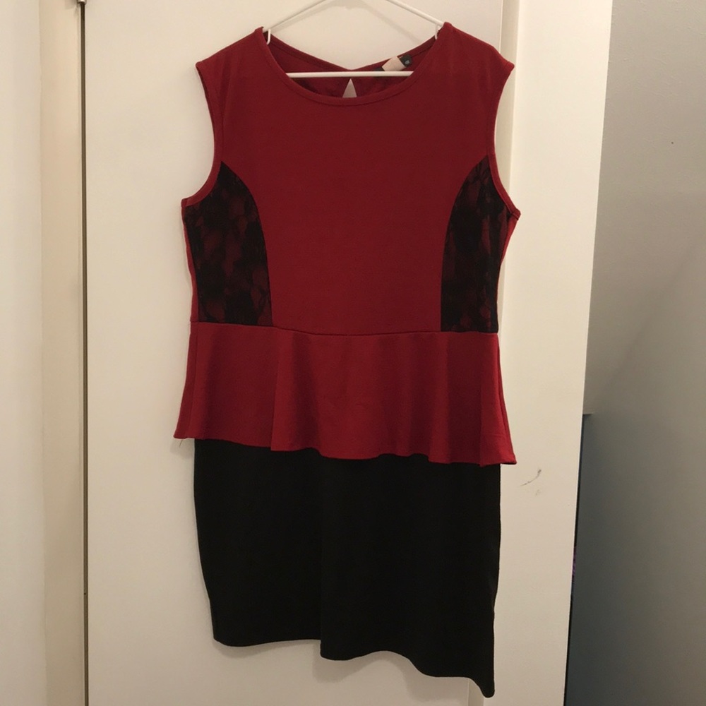 Red peplum dress with lace detail
